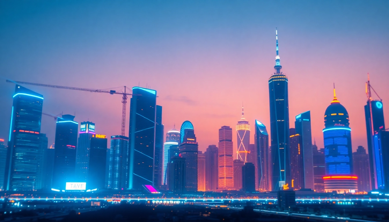 Showcasing technology within a futuristic city skyline, featuring glowing elements and a dusk backdrop.