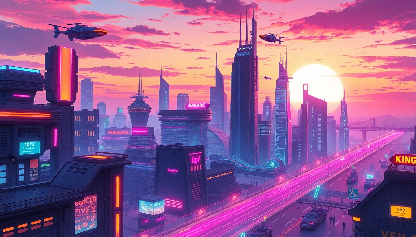 Showcase technology-driven futurism with a city skyline featuring neon lights and flying vehicles.