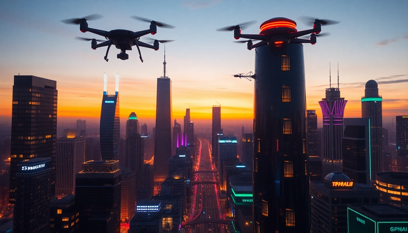 Showcasing advanced technology in a futuristic cityscape with drones and smart buildings.