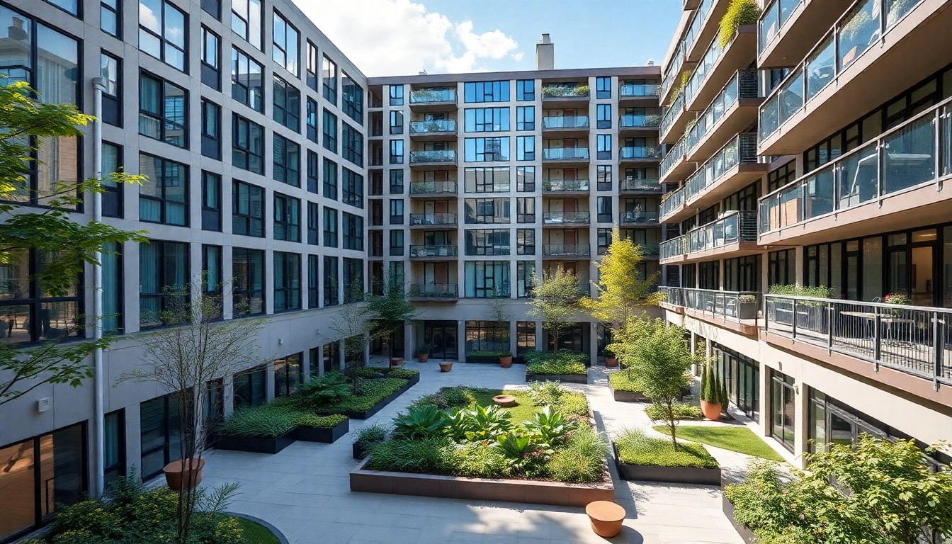 Professional strata management team overseeing vibrant Vancouver condominium courtyard, showcasing property care and community engagement.