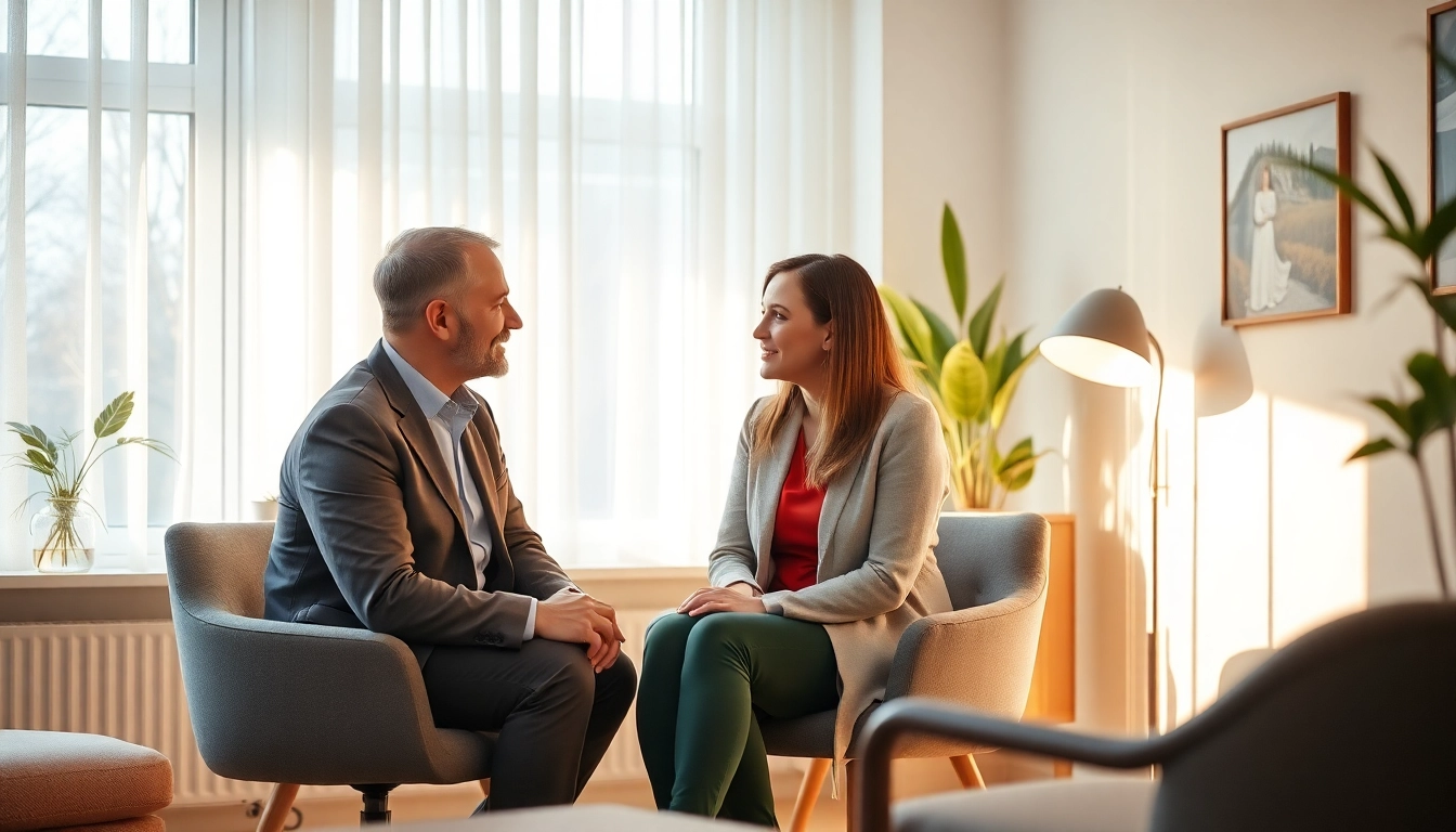 Psycholog Lublin conducting a calming therapy session in a welcoming office to foster trust and openness.
