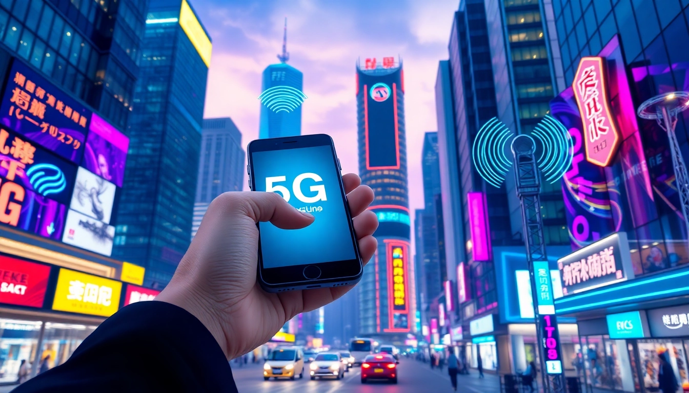 香港都市夜景，年輕專業人士手持展示5G連接的智能手機，背景為繁華的街道與摩天大樓，呈現未來科技感的城市氛圍。