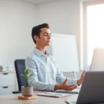 Guida visiva su Burnout come prevenirlo, con persone che praticano tecniche di rilassamento in ufficio per ridurre lo stress.