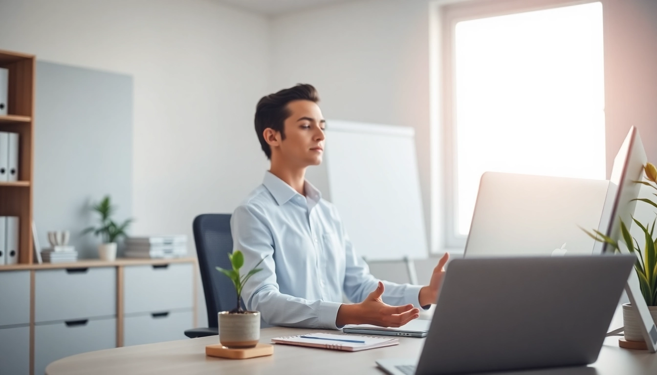 Guida visiva su Burnout come prevenirlo, con persone che praticano tecniche di rilassamento in ufficio per ridurre lo stress.