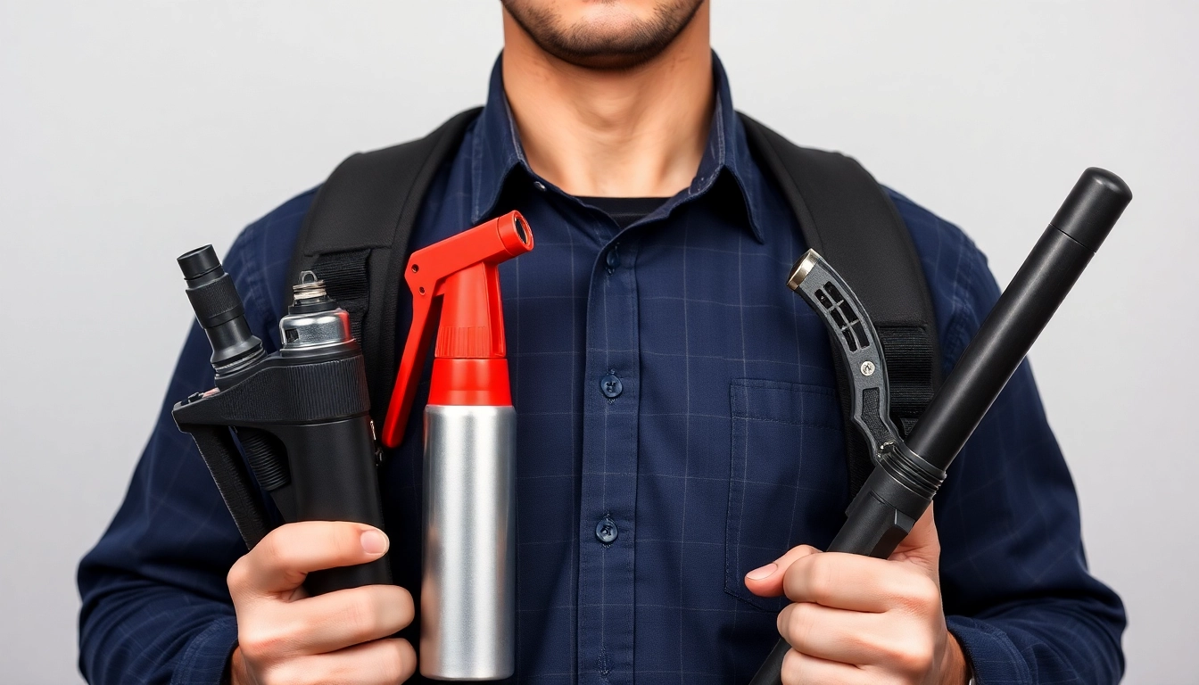 Self-Defense Weapons like pepper spray, stun guns, and batons in hands of a security expert, highlighting safety options for personal protection.