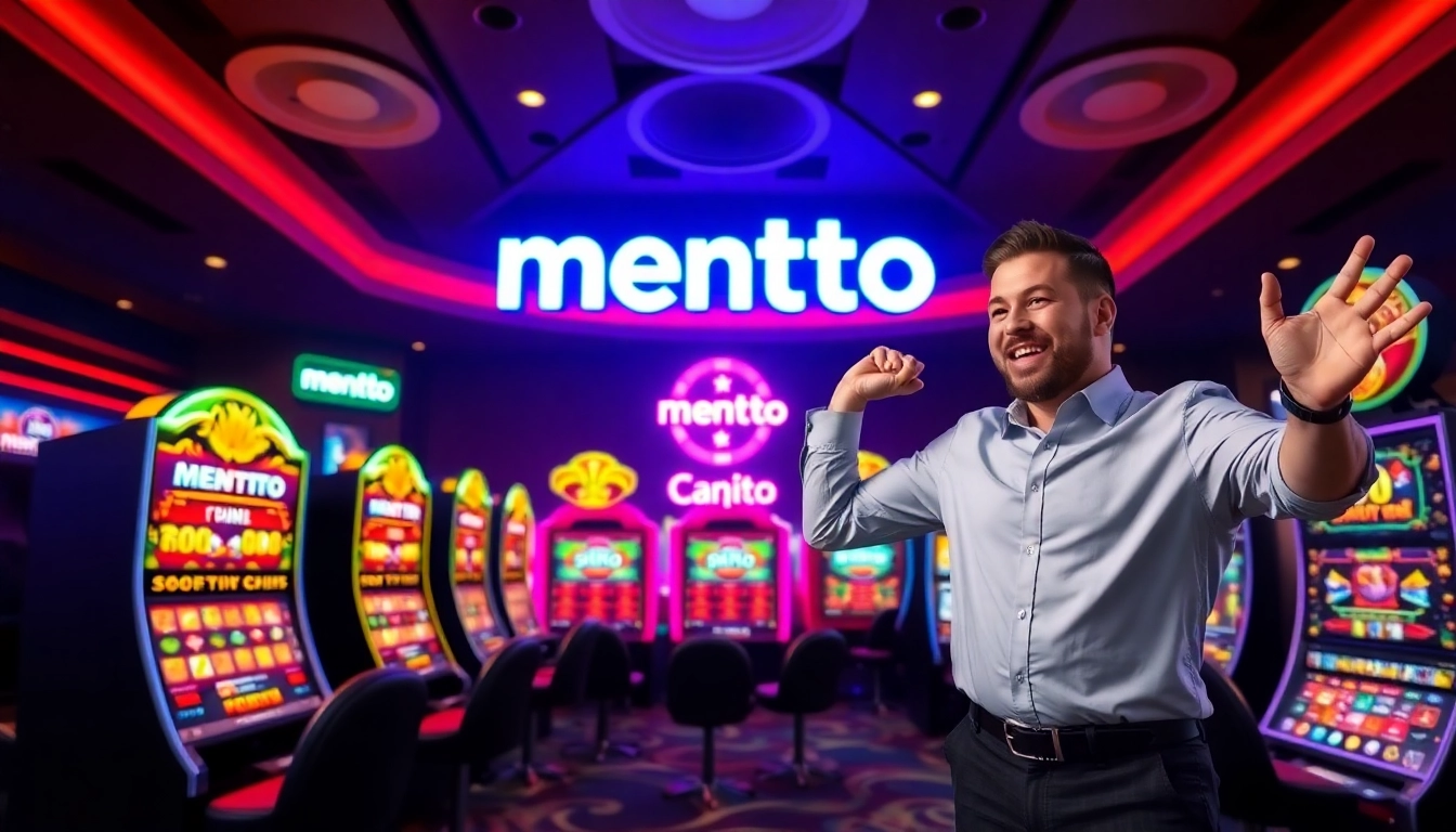 Mentoto logo displayed on colorful slot machines with players winning big jackpots confidently.