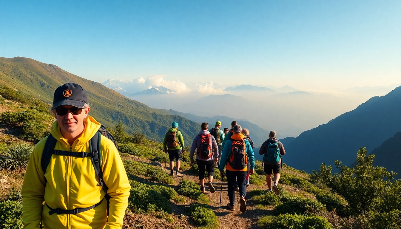 A guided hike through lush forests with a mountain guide leading a group, showcasing adventure and scenic beauty for outdoor enthusiasts.