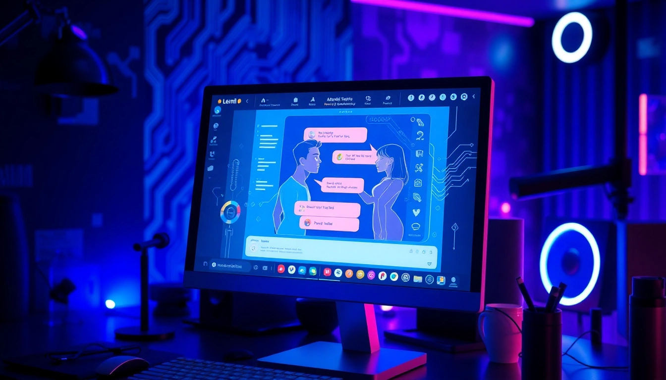 Close-up of a futuristic AI chat interface on a sleek computer screen with neon lighting and suggestive avatars.