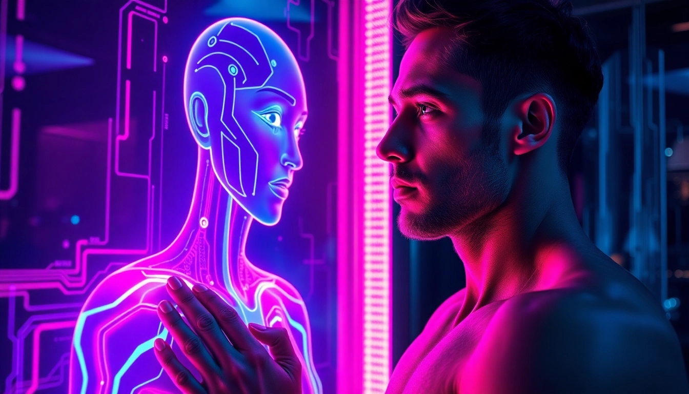 A futuristic scene of a human engaging with a holographic AI avatar in a neon-lit digital environment.