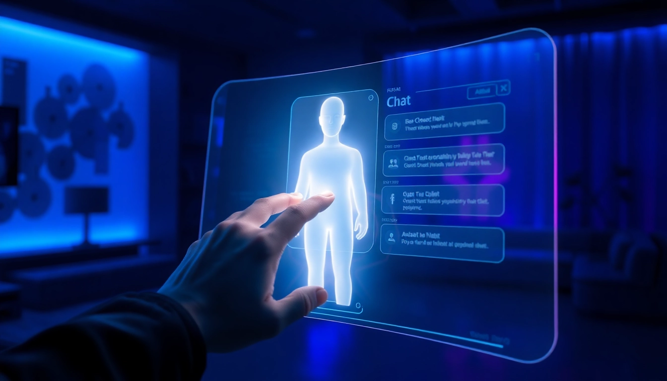Futuristic AI user interface with holographic screen and glowing AI avatar in a modern, dimly lit room.