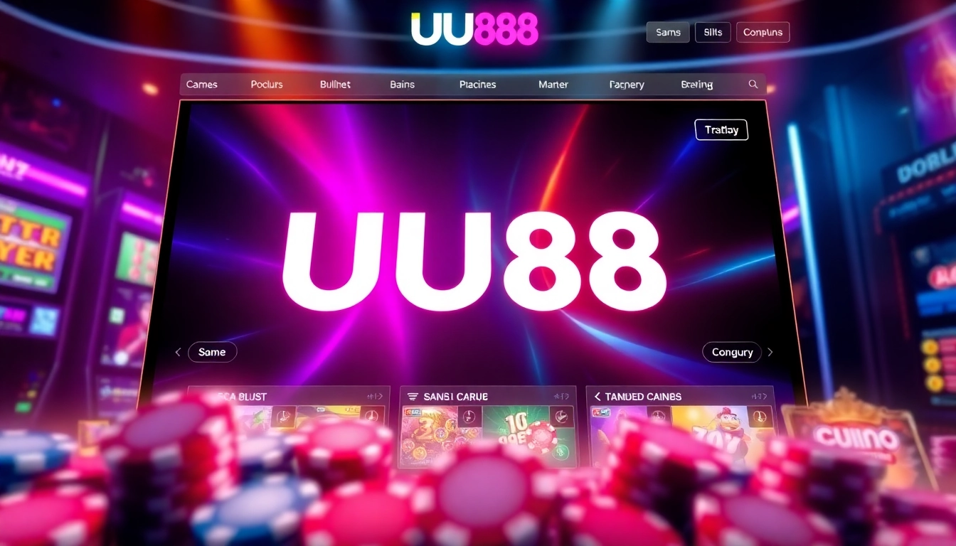Cryptocurrency-themed UU88 online casino platform with vibrant neon graphics and interactive elements for user engagement.