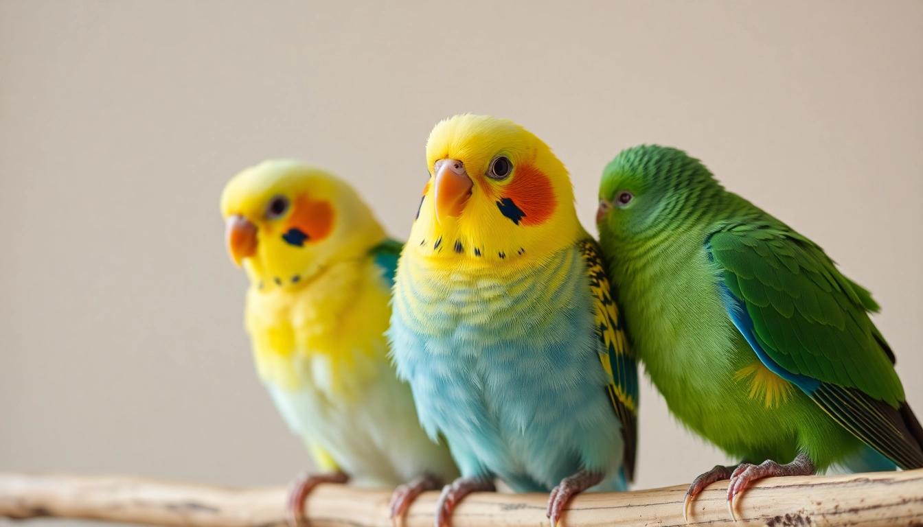 Adorable pet birds like parakeets and cockatiels sitting on a branch, showing their bright plumage and engaging expressions, celebrating bird companionship.