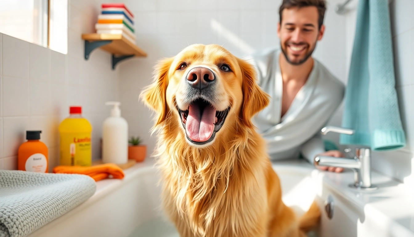 Dog wash near me: A golden retriever being bathed in a vibrant self-serve dog wash station.