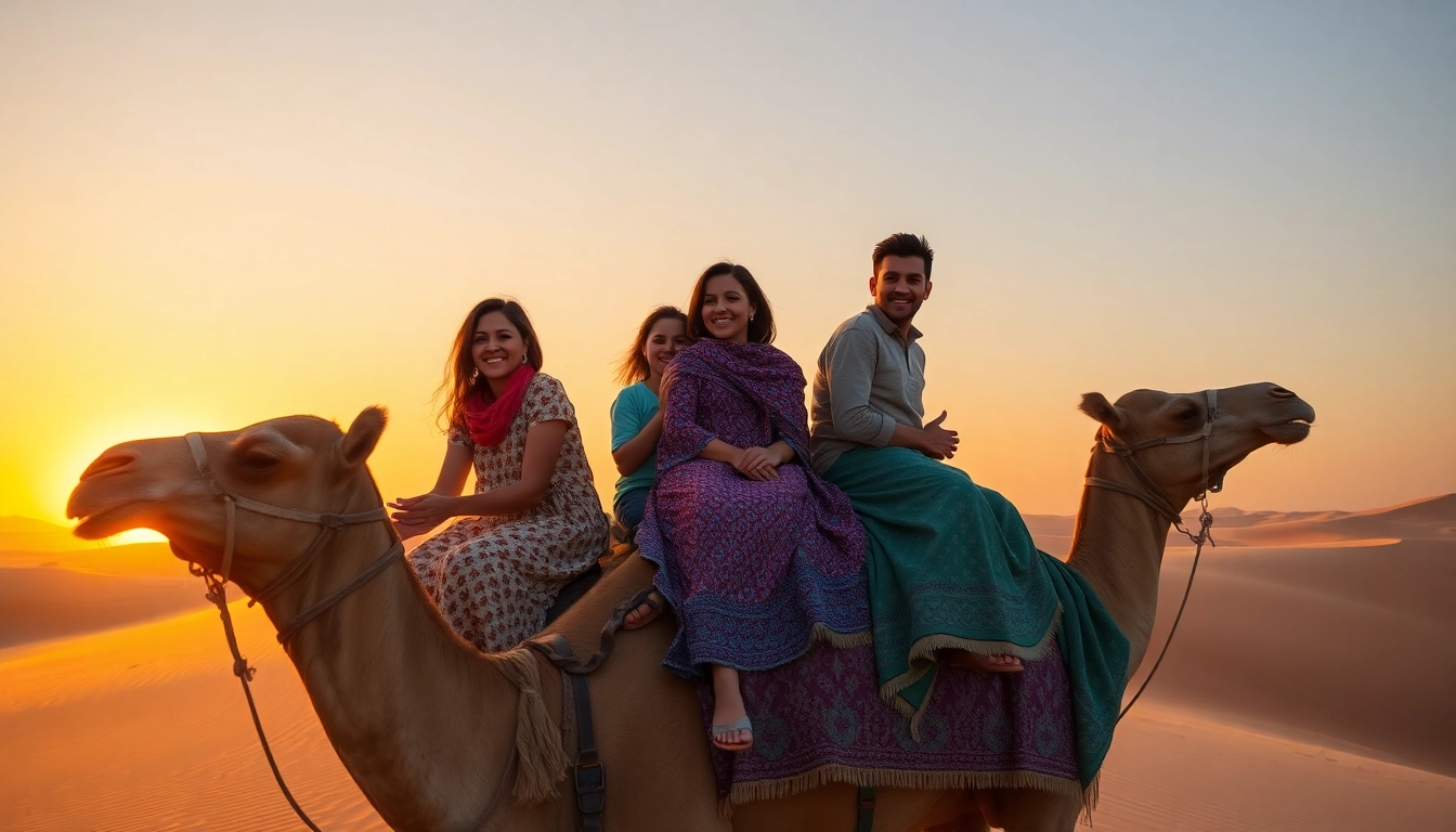 Family holiday in Morocco with children riding camels on Sahara dunes at sunset, showcasing adventure and cultural fun for all ages.