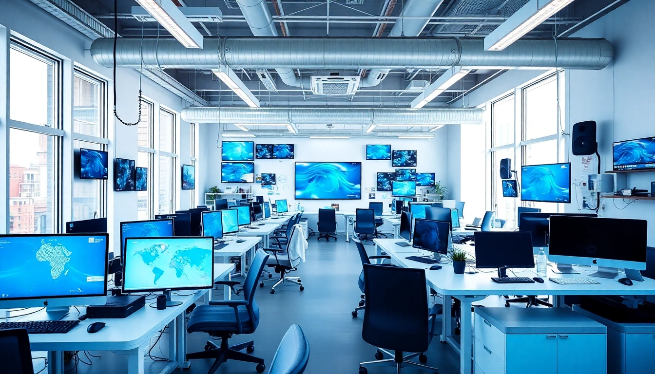 Showcasing technology advancements in a dynamic modern workspace with digital devices.