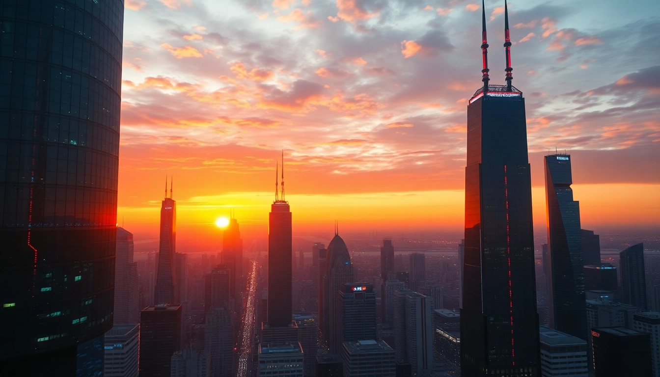Showcase advanced technology in urban skyline with neon lights and high-rise buildings.