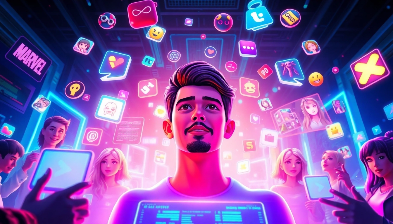 A digital illustration of a vibrant virtual social media universe with avatars and fandom icons in neon colors.