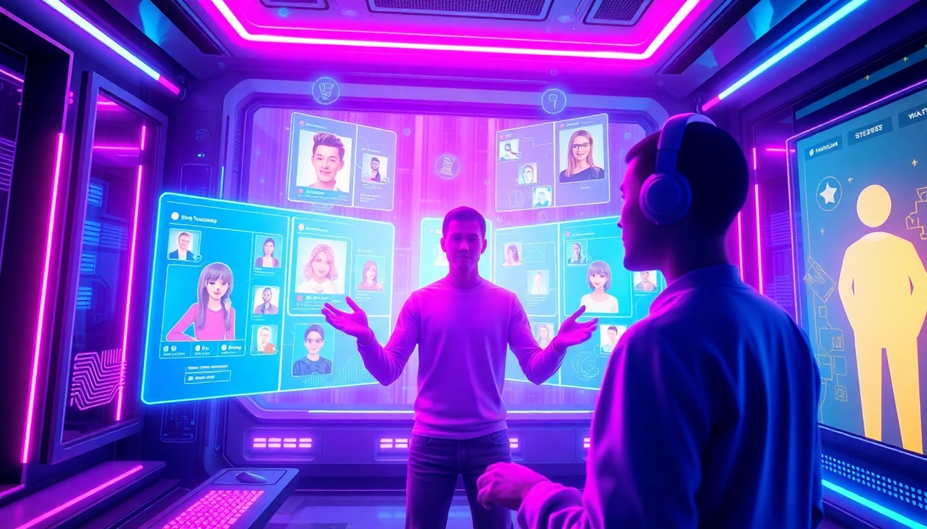 An illustration of a person interacting with holographic social media interfaces and AI characters in a futuristic digital environment, with neon lighting and immersive technology elements.