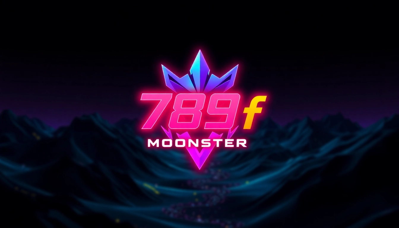 Stylized 789f.monster logo amid vibrant neon elements, highlighting digital branding and innovation.