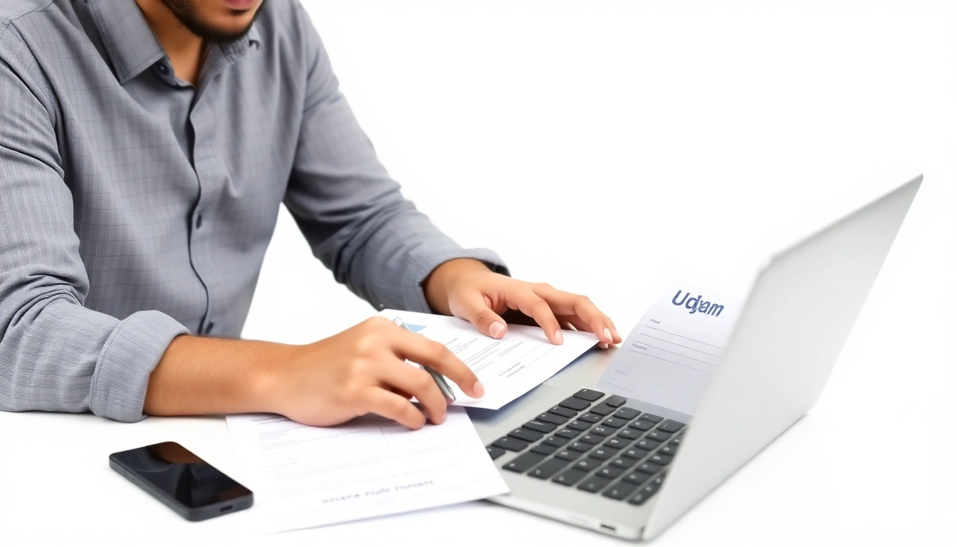 Udyam registration process being completed on a computer; simple, professional, and user-friendly visual for MSME registration.
