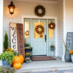 Elegant rustic welcome signs greeting guests at a charming front porch, emphasizing outdoor decor and personalized design.