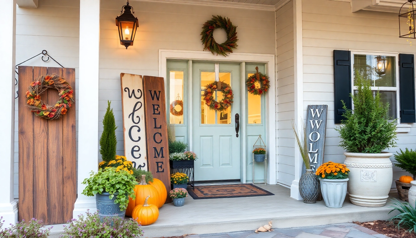Elegant rustic welcome signs greeting guests at a charming front porch, emphasizing outdoor decor and personalized design.