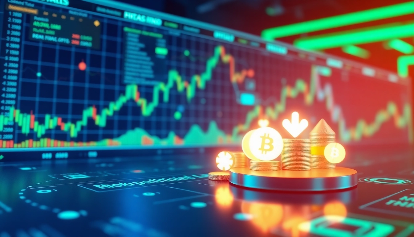 Cryptocurrency market analysis with digital trading screens showing prices of Bitcoin,