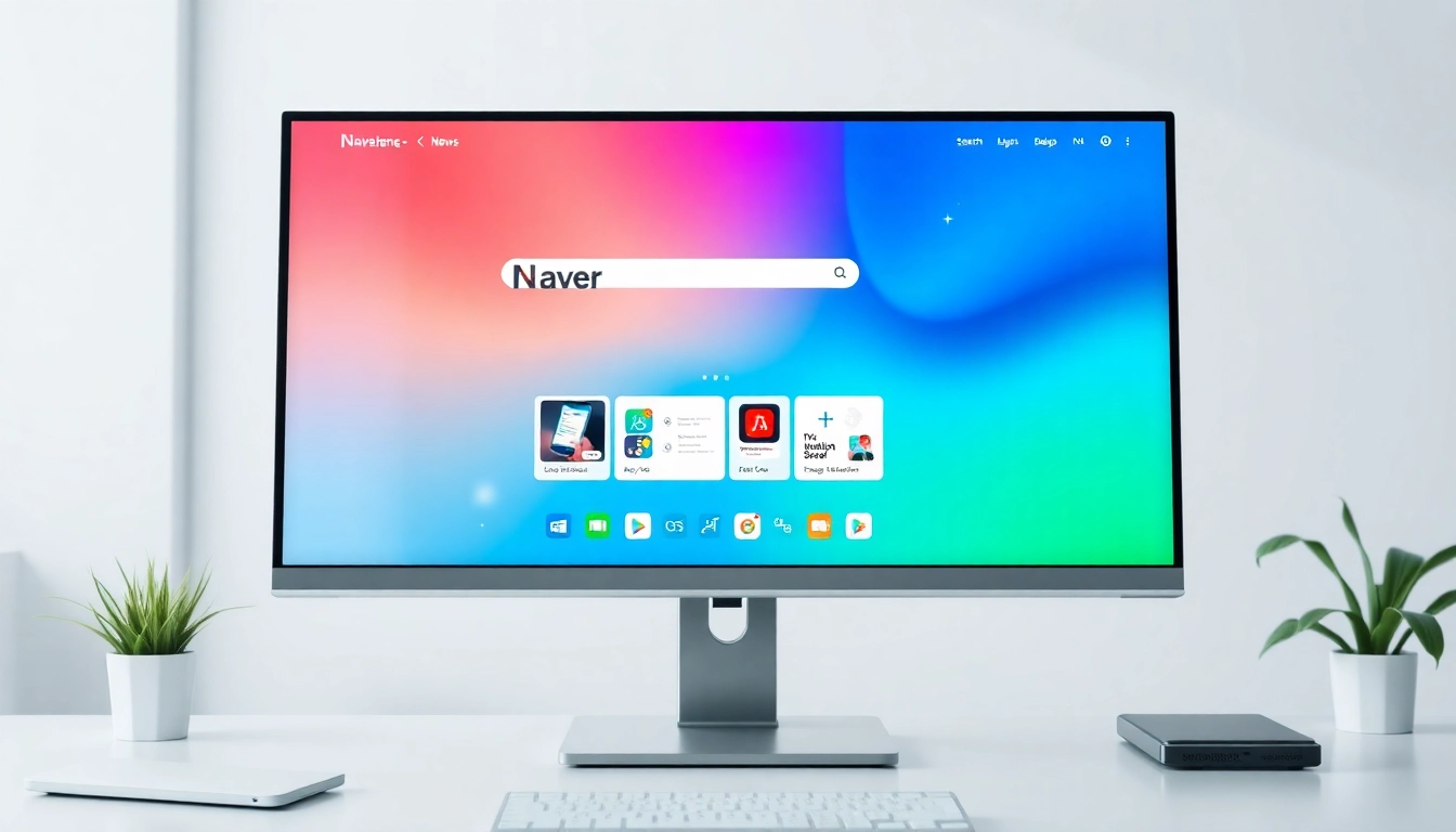 Engaging graphic illustration of Naver's platform featuring search, news, and app icons, emphasizing Naver’s role as a leading South Korean online portal for seamless information access.