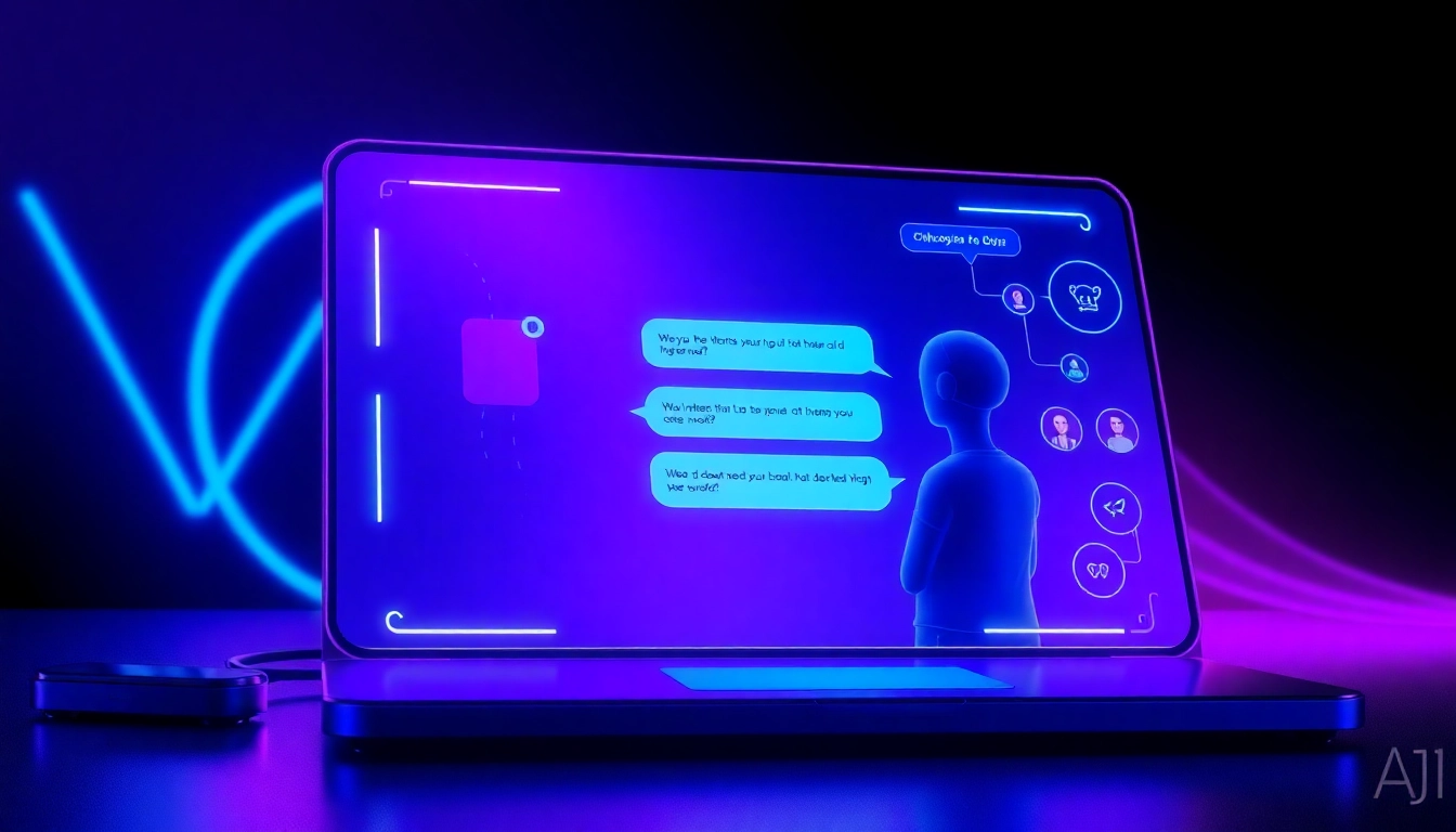 A futuristic AI chatbot interface with neon accents and a user engaging in a conversation on a high-tech screen.