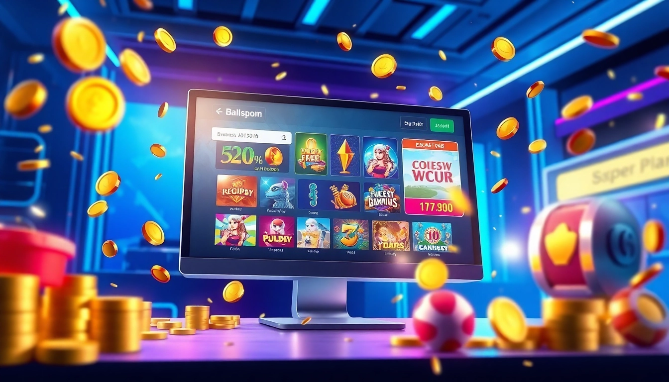 Illustration of a lively online gaming platform interface with bonus promos and gaming elements