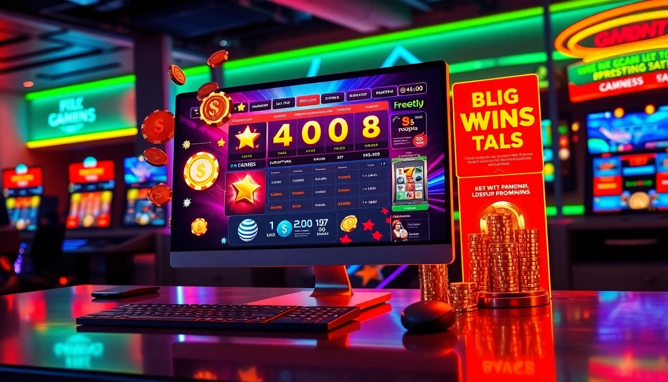 An illustration of an engaging online gaming platform with bonus icons and jackpot symbols, illuminated by vibrant LED lighting in a modern gaming setup.