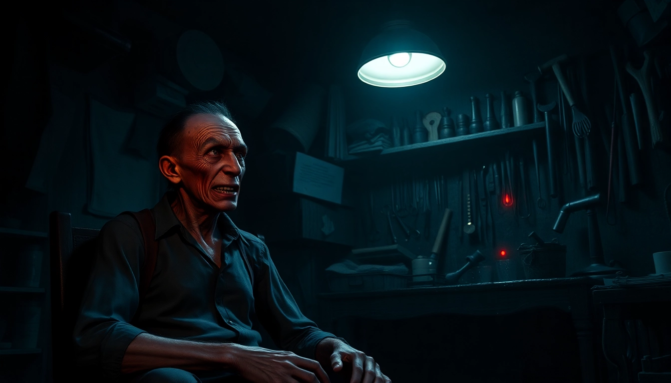 An unsettling scene of a distressed man with a distorted, suffering Harvey in a dark room, illuminated by flickering light, with sinister tools in the background.