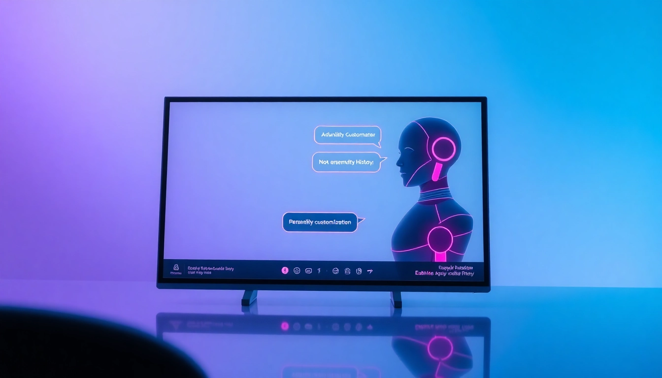 Futuristic AI chatbot interface with vibrant neon accents and user interaction scene.
