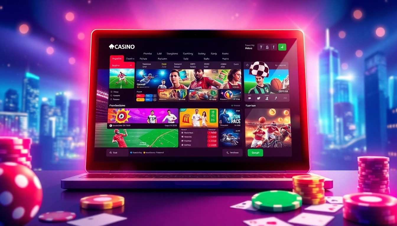 Illustration of a modern online sportsbook and casino platform with vibrant colors and dynamic sports imagery.