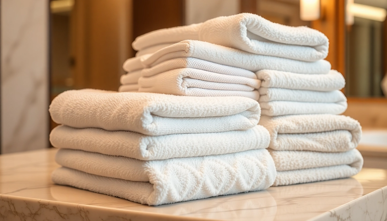 Premium hotel towel supplier showcasing plush, absorbent towels arranged in a luxurious hotel setting, emphasizing quality and comfort for hospitality businesses.