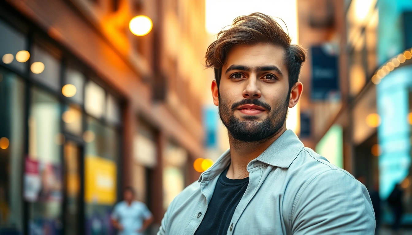 Young man with beard standing confidently in an urban cityscape during golden hour