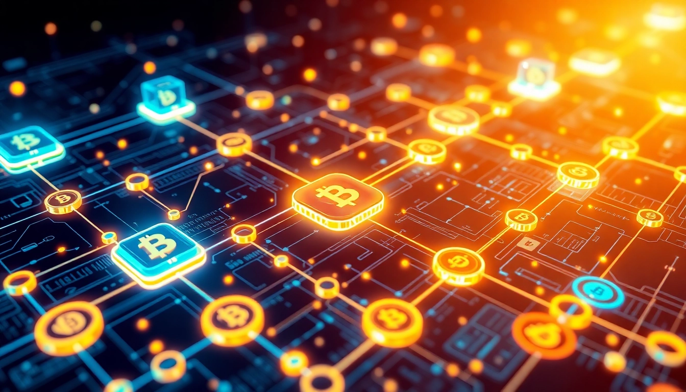 Advanced cryptocurrency network illustrating digital coins and blockchain nodes for a secure