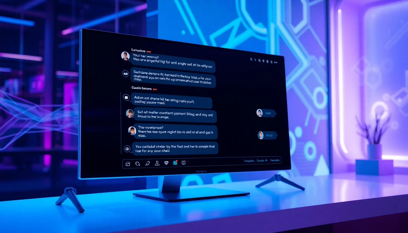 Futuristic digital interface displaying an AI chatbot conversation with customizable characters, illuminated by blue and purple ambient lighting