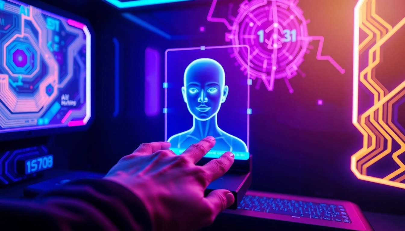 A user interacts with a holographic AI character in a futuristic, neon-lit digital environment.