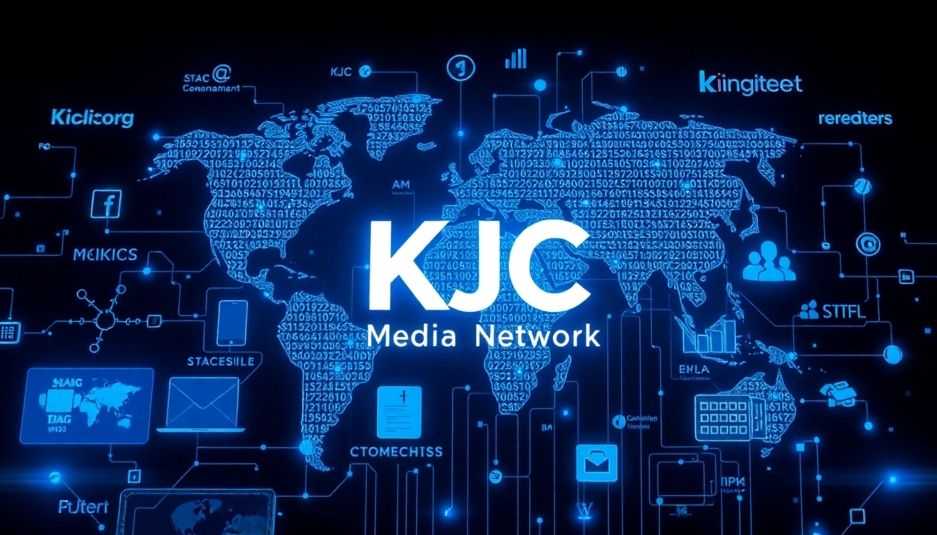 KJC logo with a dynamic digital illustration symbolizing global media collaboration and technological advancement for online entertainment and communication.