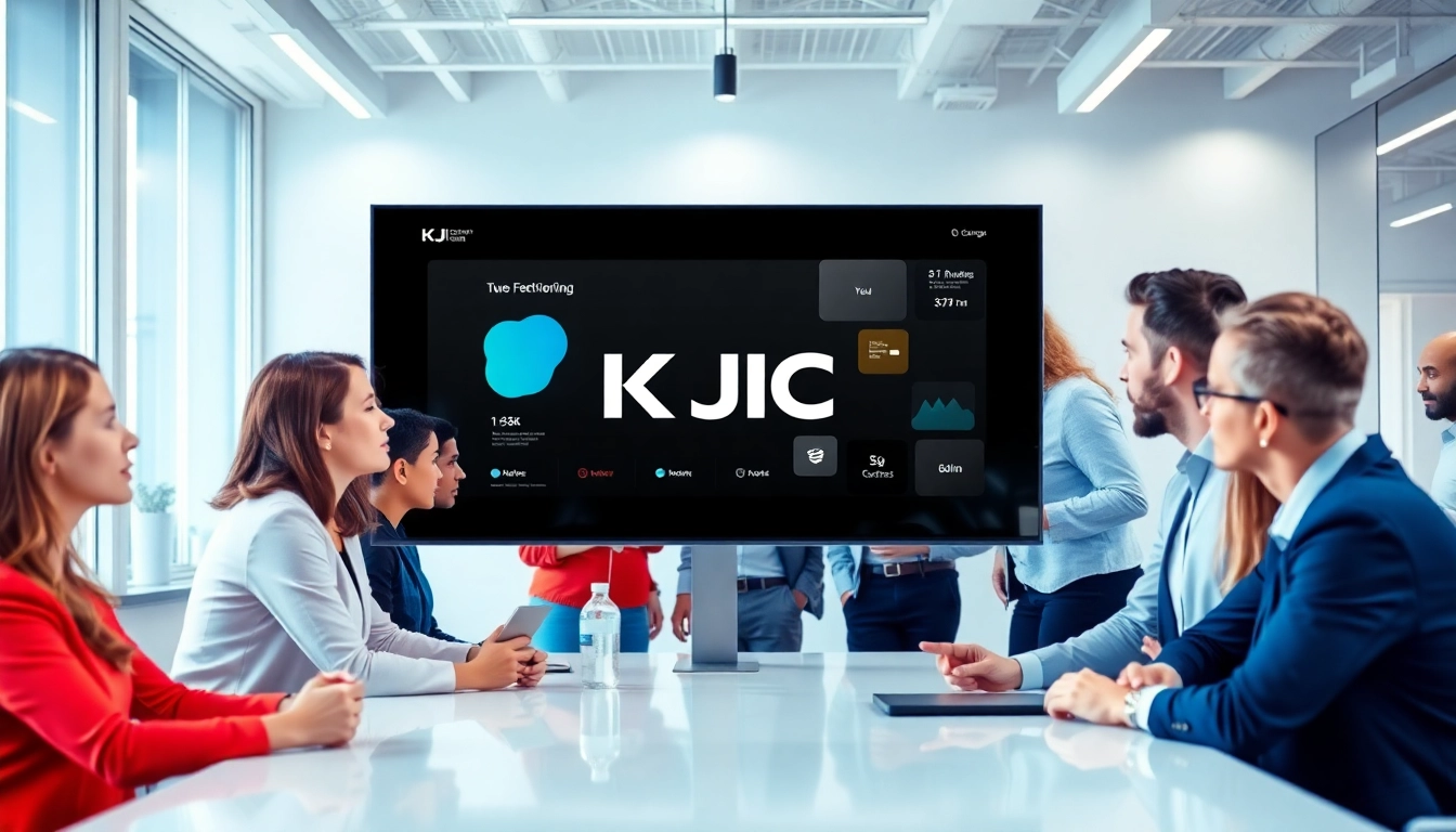 KJC branding with professionals collaborating in a high-tech workspace highlighting modern