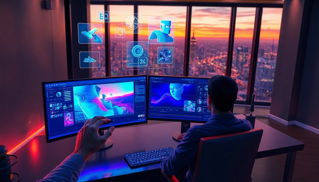Futuristic AI workspace with holographic image editing interfaces and a human artist interacting with advanced technology