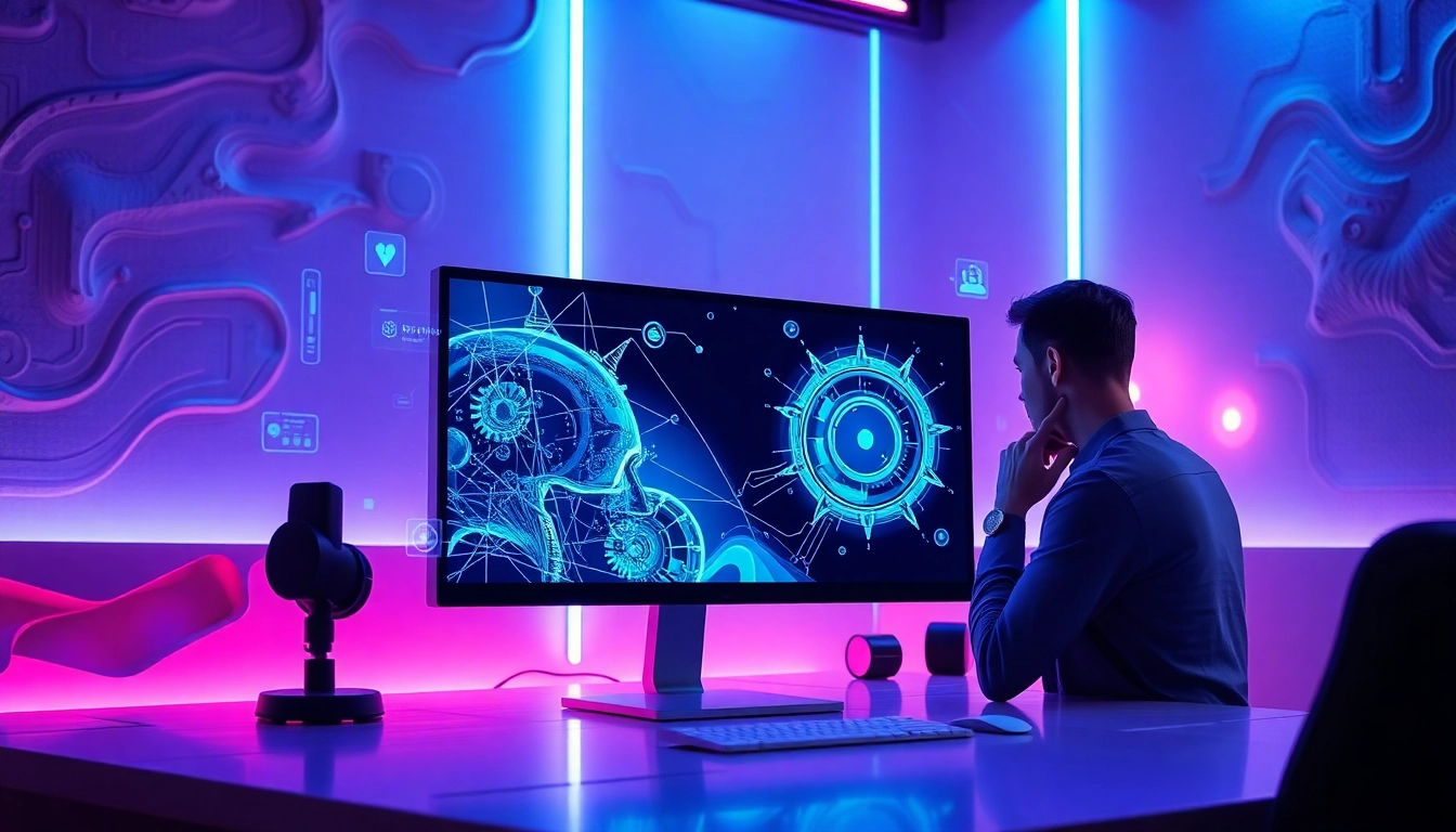 A futuristic digital workspace showcasing AI image editing on a high-tech monitor with neon lighting.