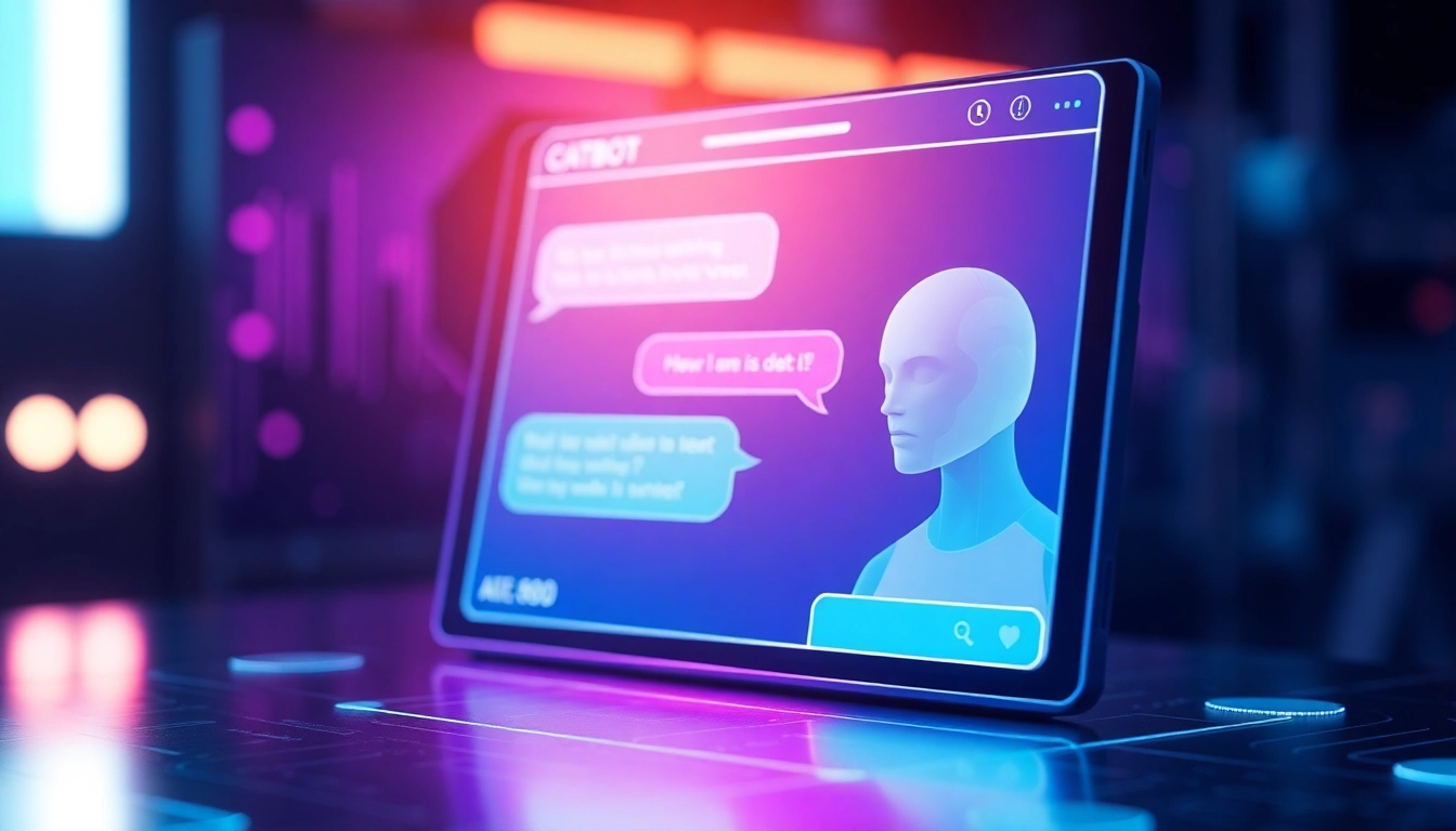 Close-up of a user interacting with a futuristic AI chat interface with neon lighting and holographic elements.