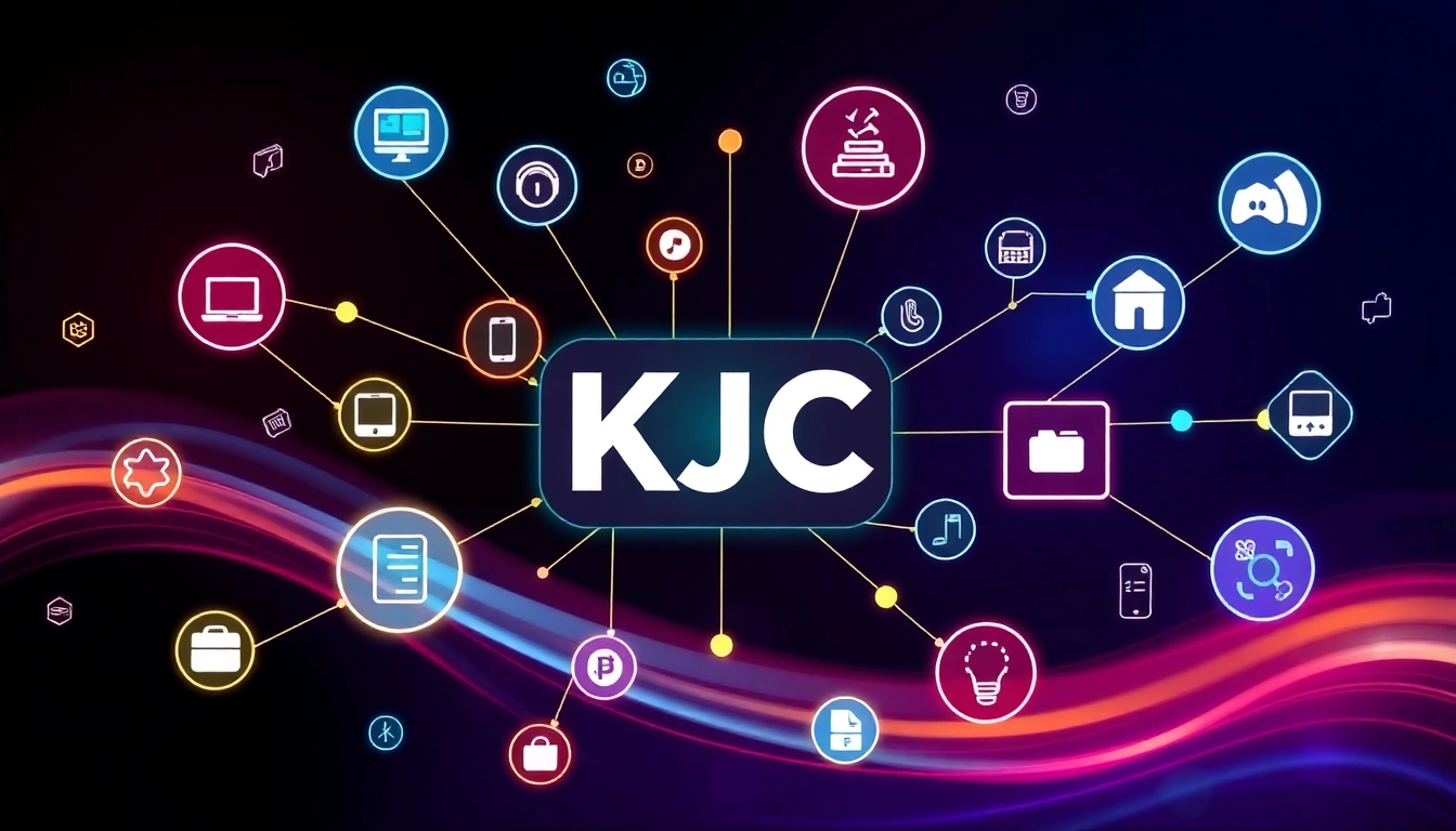 KJC logo amid a vibrant digital network, symbolizing innovation and connectivity in entertainment technology.