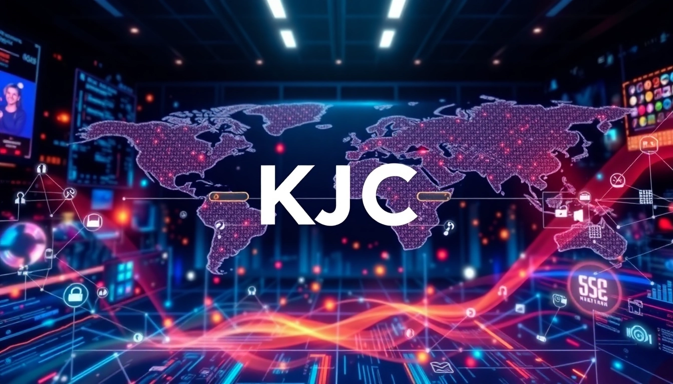 KJC logo displayed on a sleek digital interface symbolizing global connectivity and innovative digital entertainment.