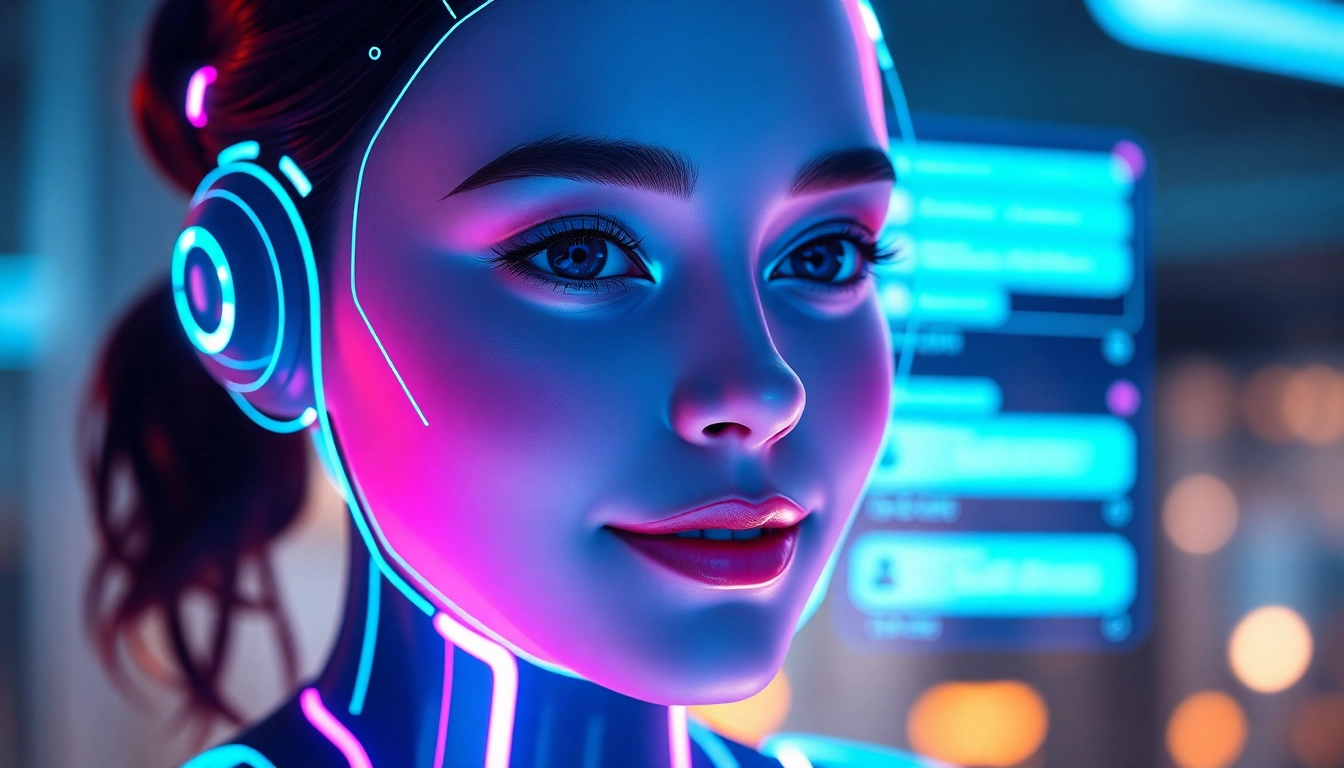 AI girlfriend engaging in a friendly chat with a user on a high-tech device to showcase personalized virtual companionship features.
