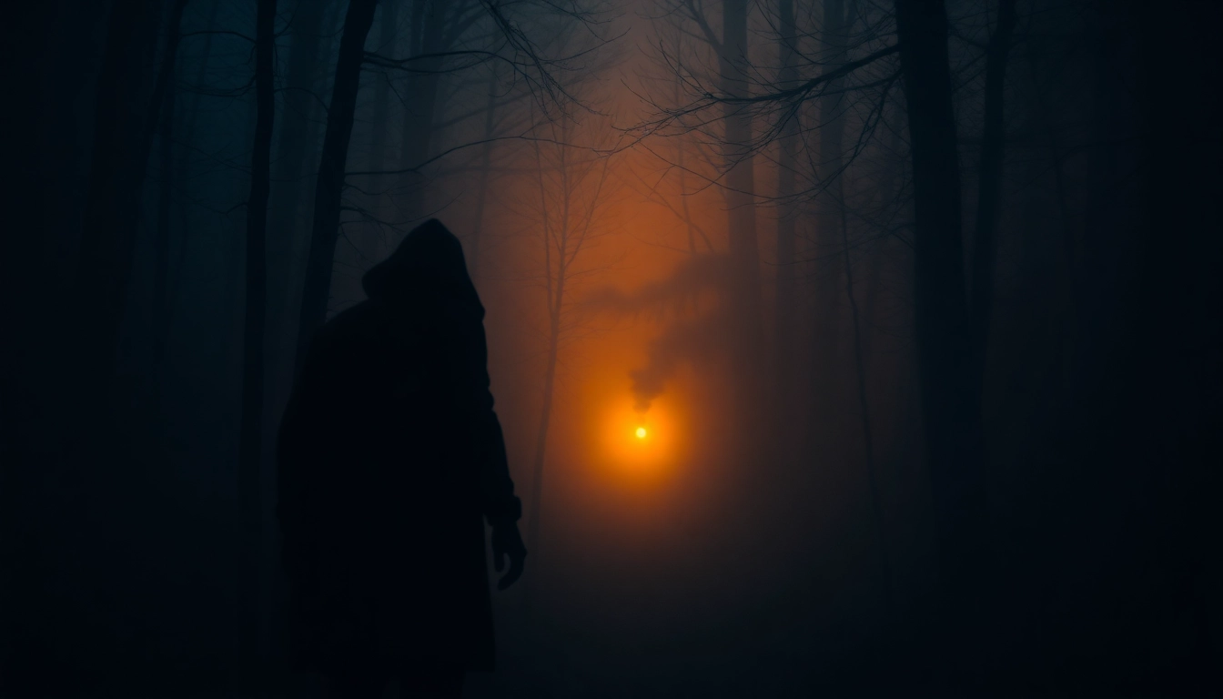 Thumbnail showing a horror video scene with a shadowy figure in a dark forest, creating a tense and frightening mood for viewers.