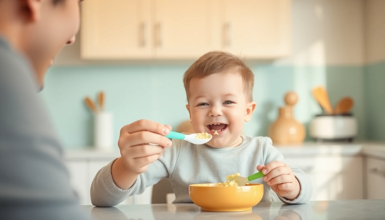 Parent offering alimentazione naturale per svezzamento bambini with silicone utensils in a