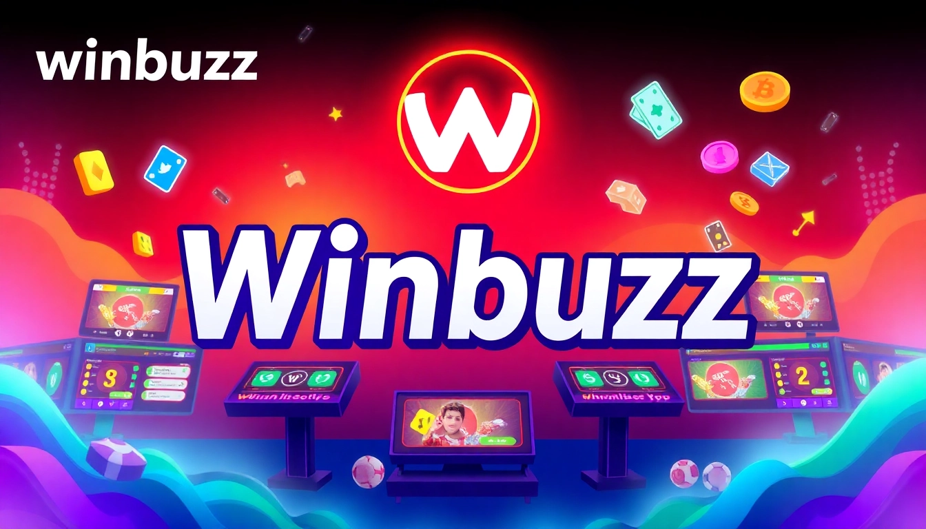 Winbuzz branding with betting icons and digital screens showcasing online gaming excitement and